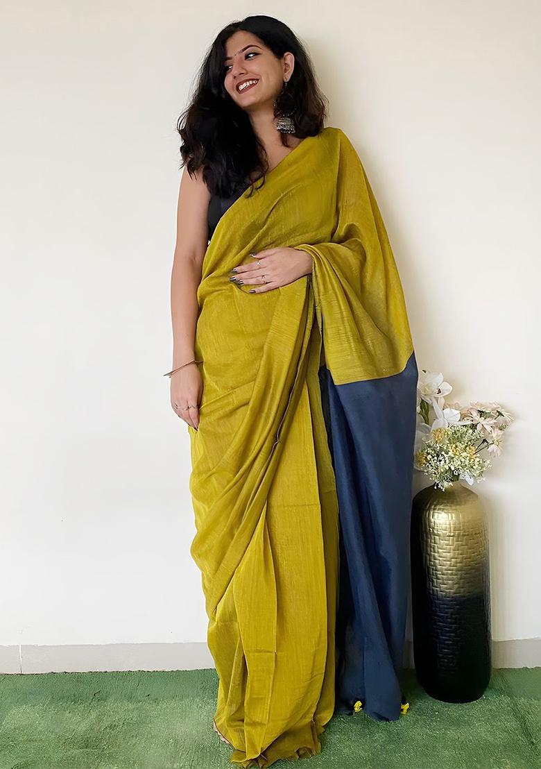 Florscent Green Weaving Khadi Cotton Saree Set