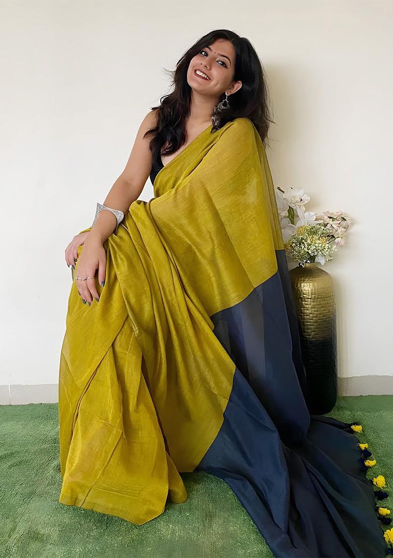 Florscent Green Weaving Khadi Cotton Saree Set