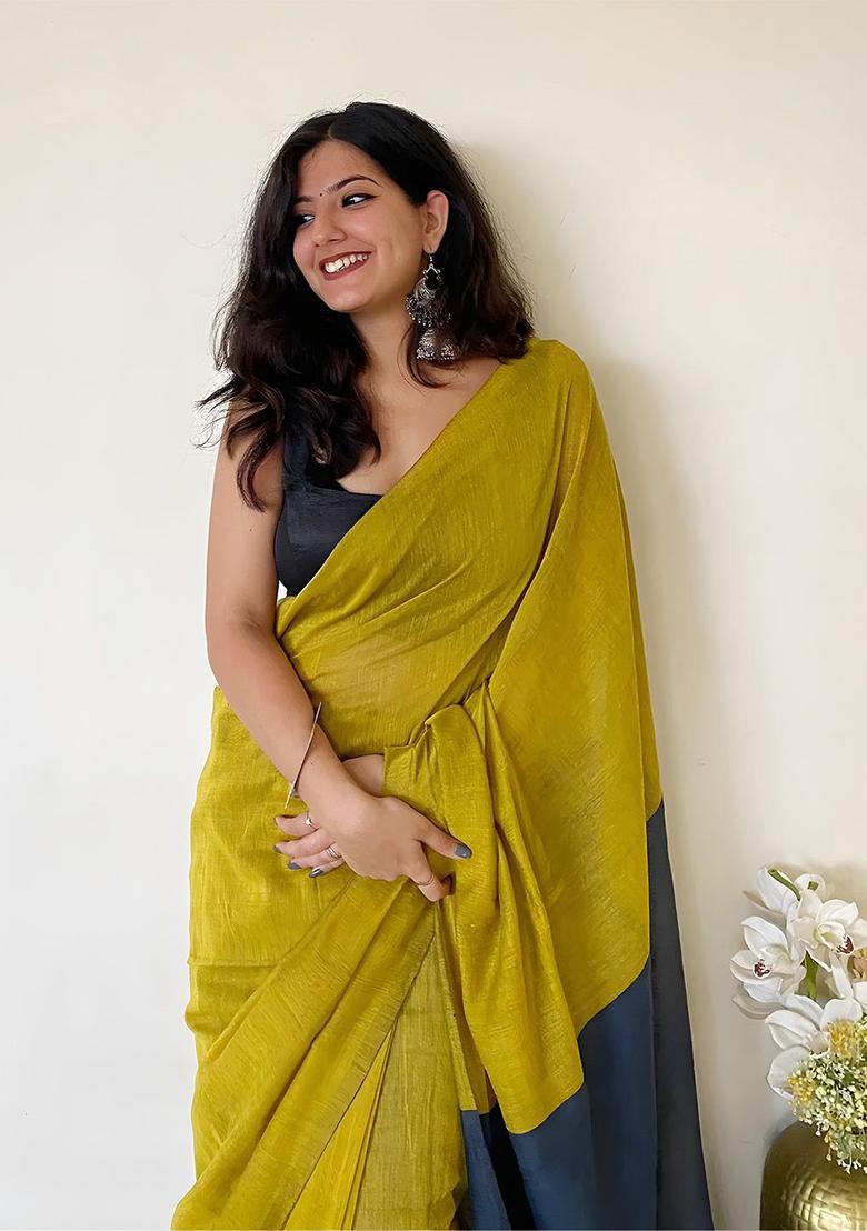 Florscent Green Weaving Khadi Cotton Saree Set