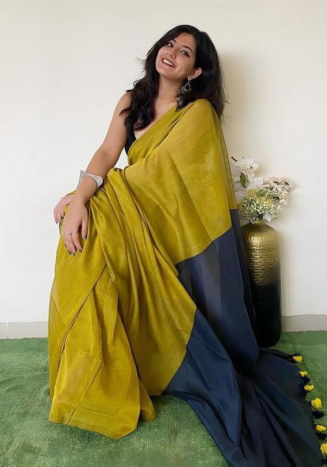 Florscent Green Weaving Khadi Cotton Saree Set