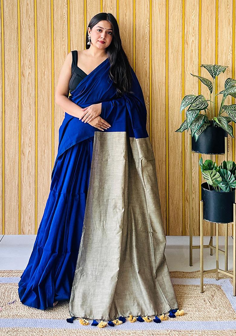 Blue Weaving Khadi Cotton Saree Set