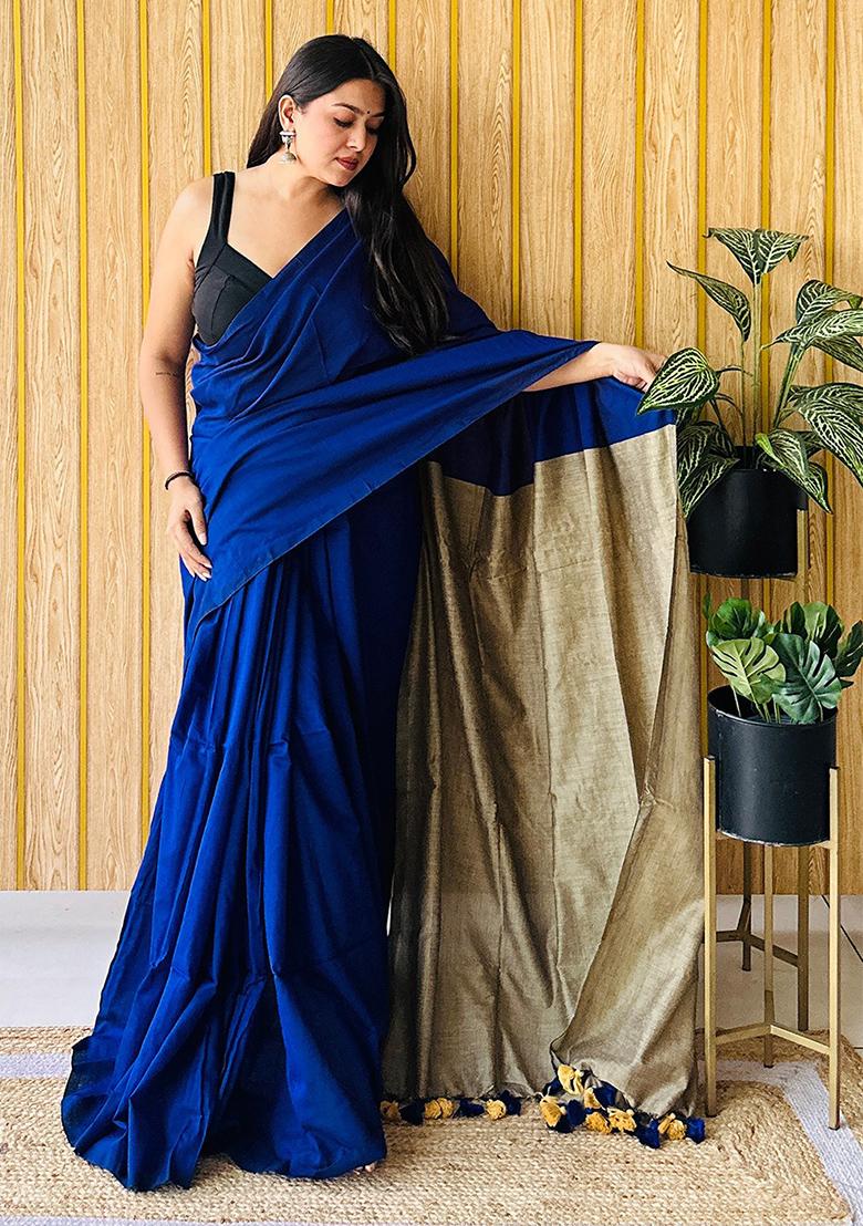 Blue Weaving Khadi Cotton Saree Set