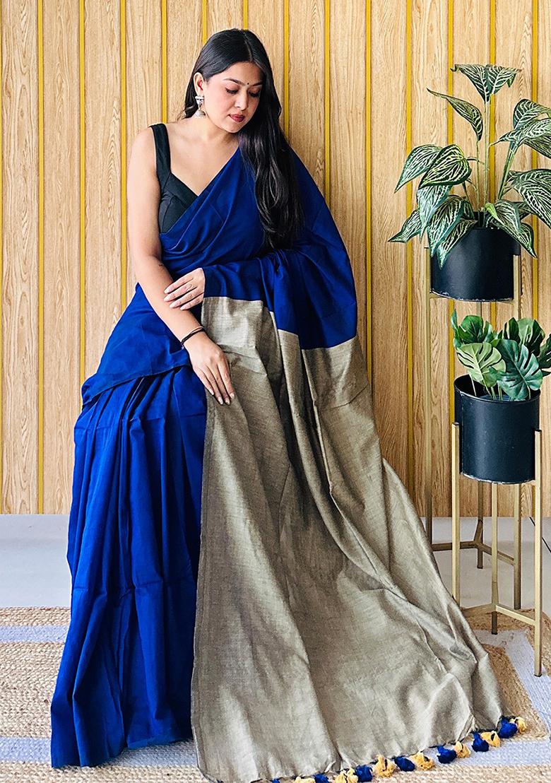 Blue Weaving Khadi Cotton Saree Set