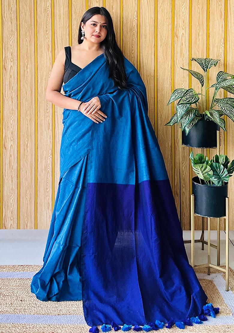 Blue Weaving Khadi Cotton Saree Set