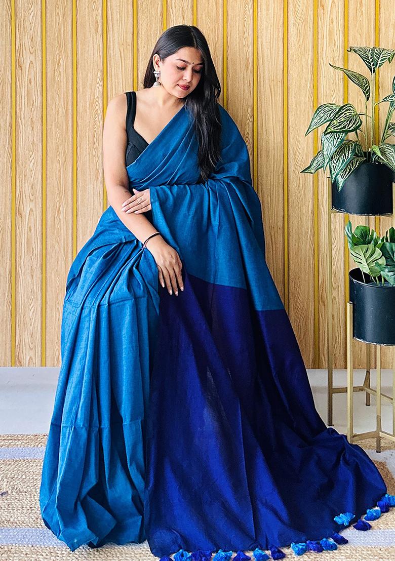 Blue Weaving Khadi Cotton Saree Set