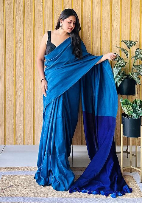 Blue Weaving Khadi Cotton Saree Set