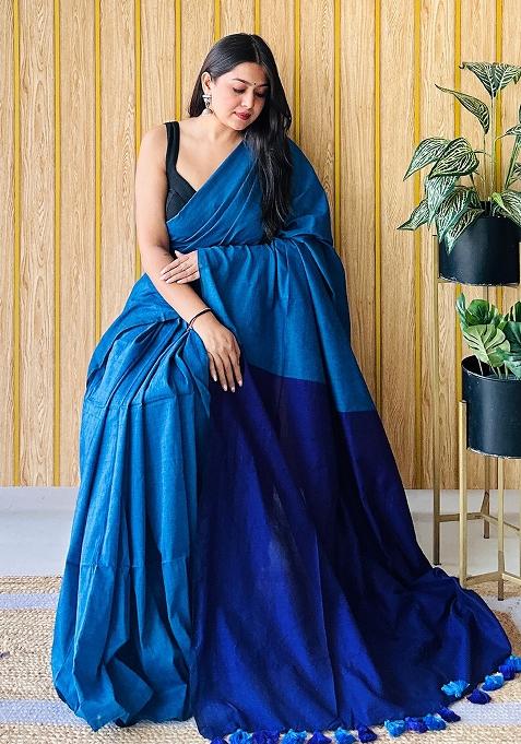 Blue Weaving Khadi Cotton Saree Set