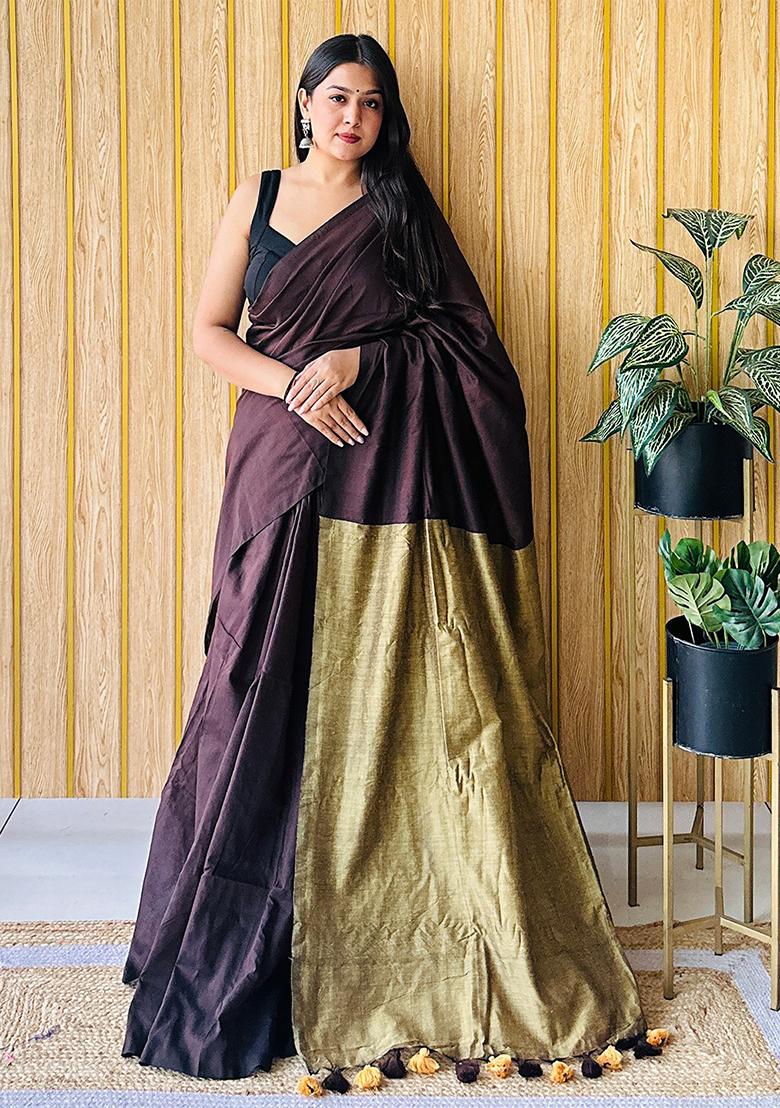 Brown Weaving Khadi Cotton Saree Set