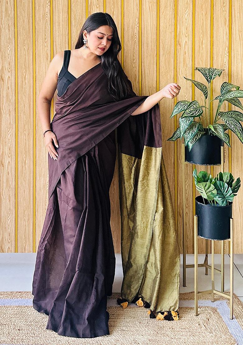 Brown Weaving Khadi Cotton Saree Set