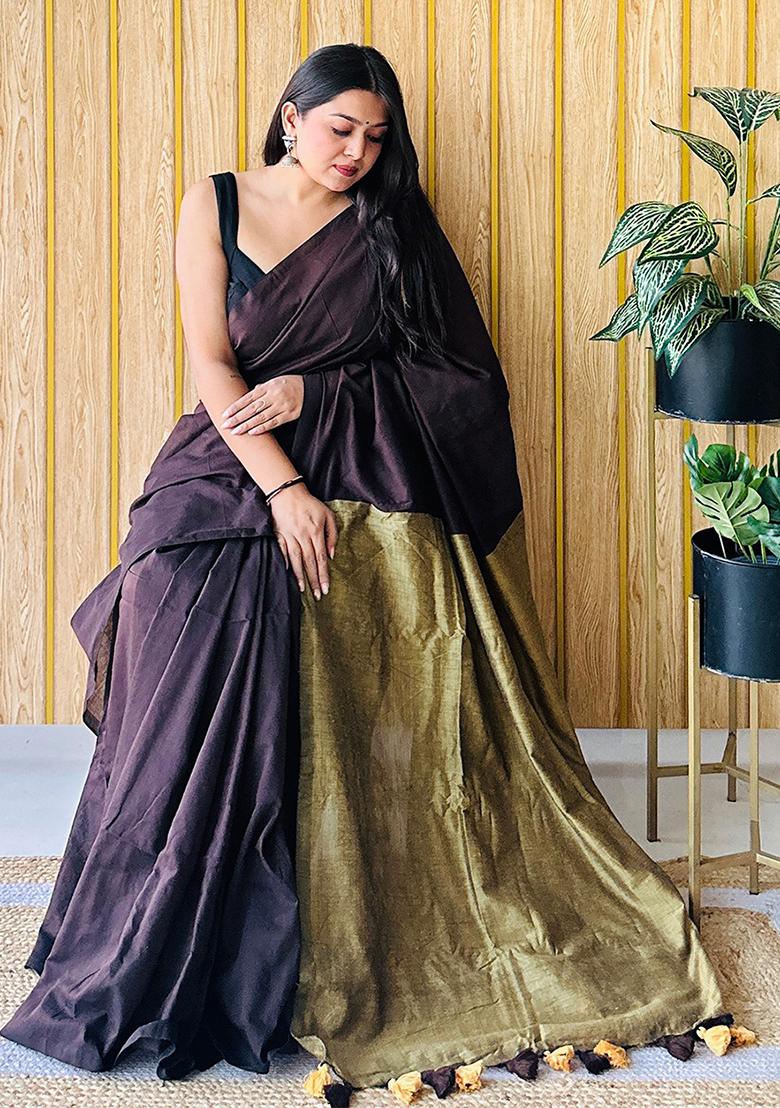 Brown Weaving Khadi Cotton Saree Set