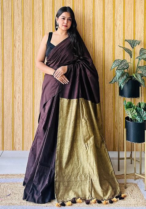 Brown Weaving Khadi Cotton Saree Set