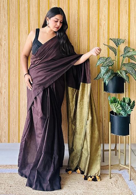Brown Weaving Khadi Cotton Saree Set