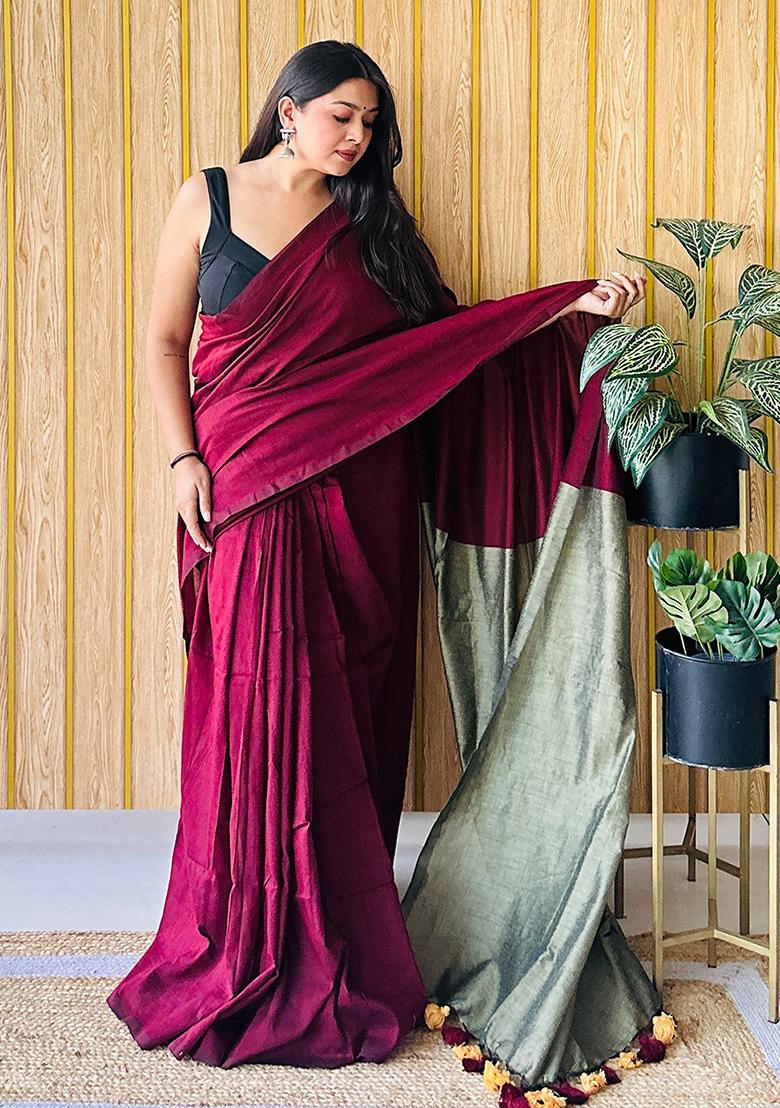Maroon Weaving Khadi Cotton Saree Set