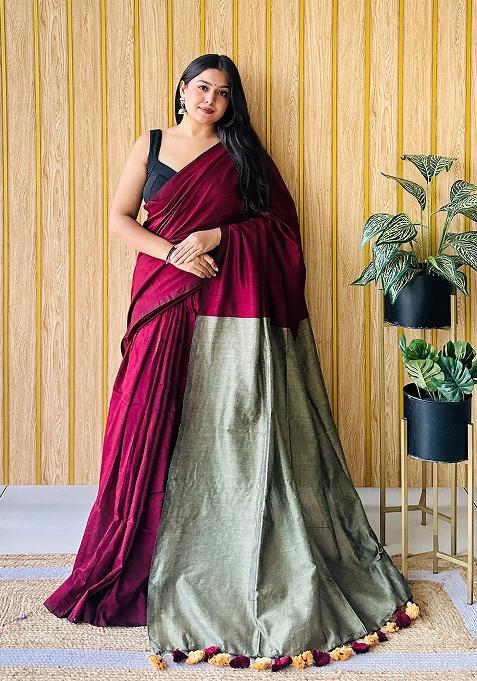 Maroon Weaving Khadi Cotton Saree Set