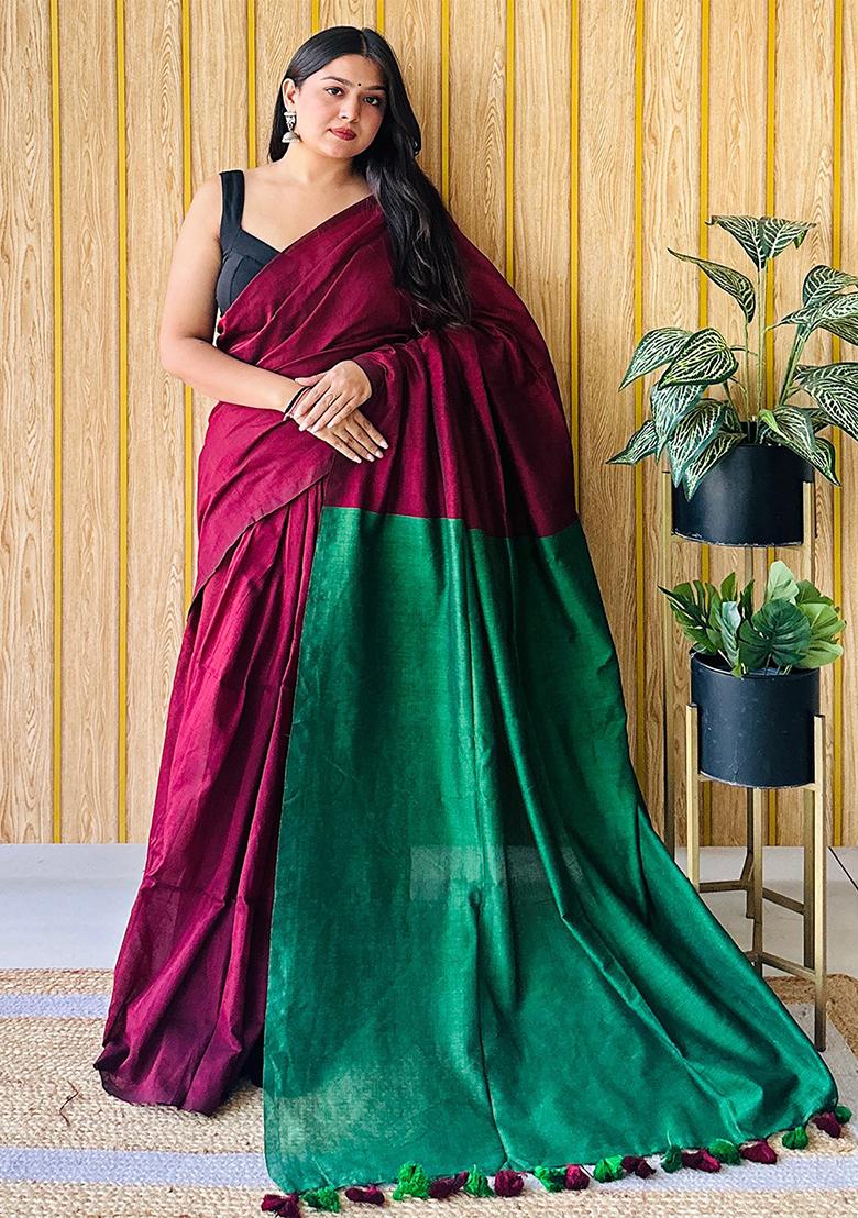 Maroon Weaving Khadi Cotton Saree Set