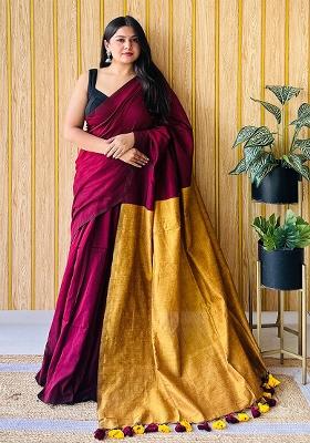 Maroon Weaving Khadi Cotton Saree Set