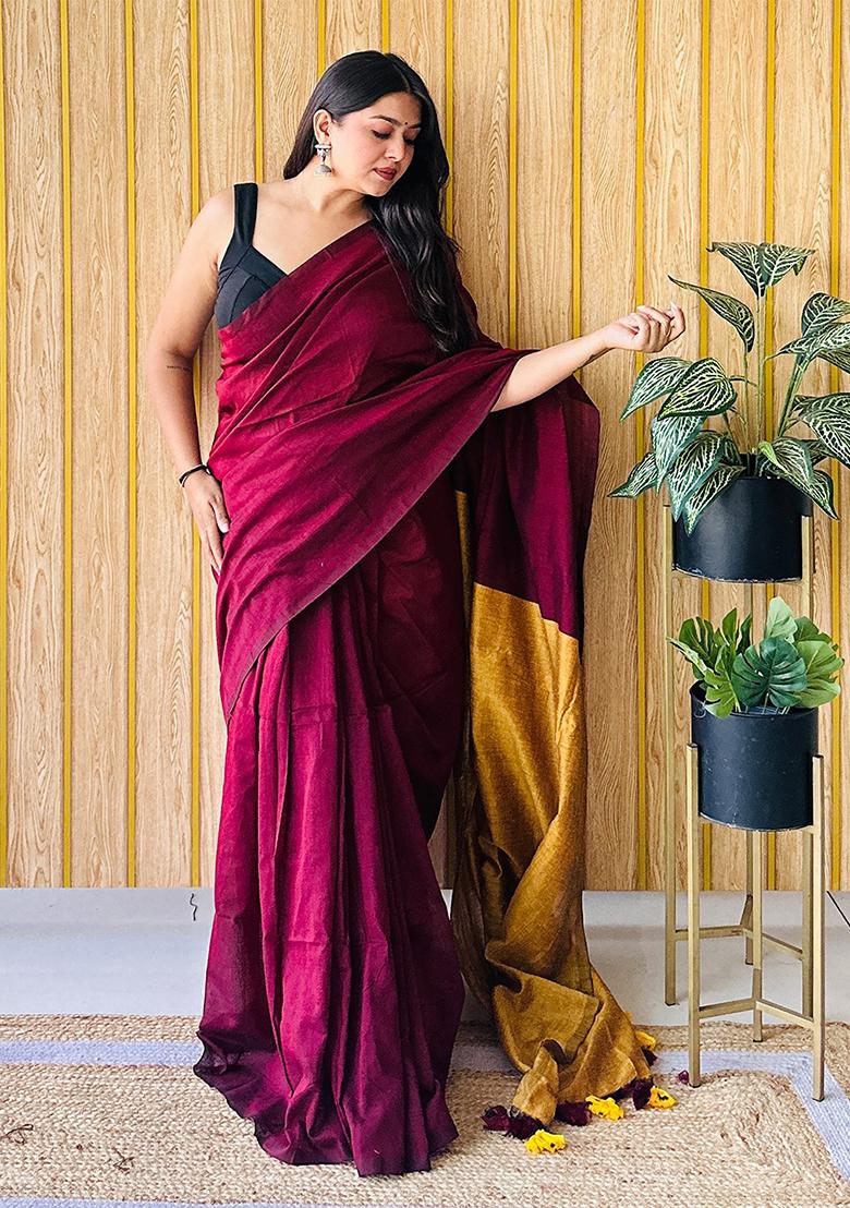 Maroon Weaving Khadi Cotton Saree Set