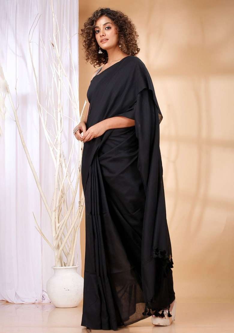 Black Weaving Khadi Cotton Saree Set for Diwali | Wedding & Festive Wear - Indya