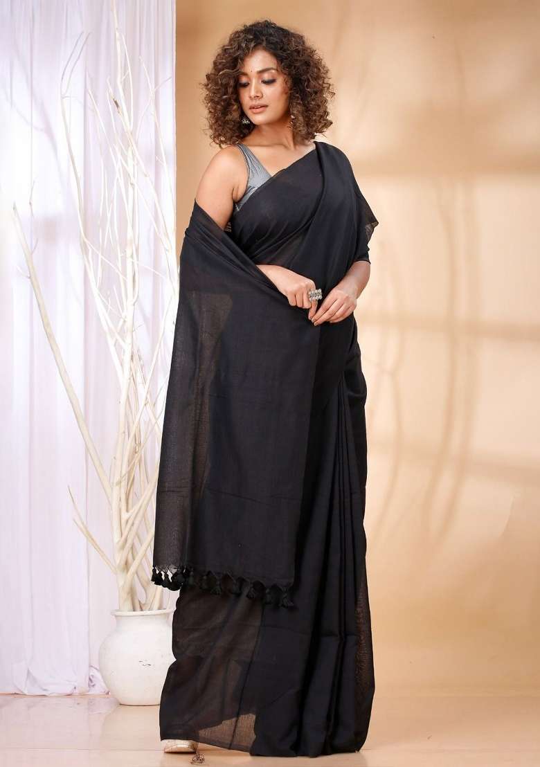 Black Weaving Khadi Cotton Saree Set for Diwali | Wedding & Festive Wear - Indya