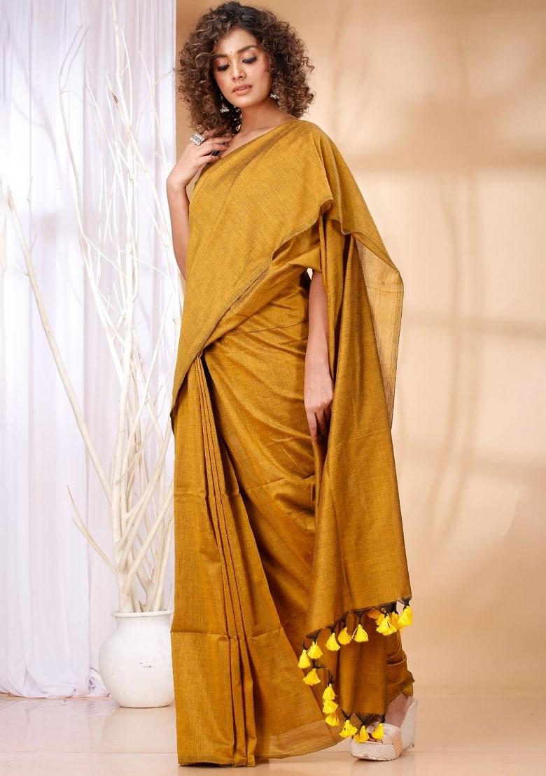 Dark Mustard Yellow Weaving Khadi Cotton Saree Set