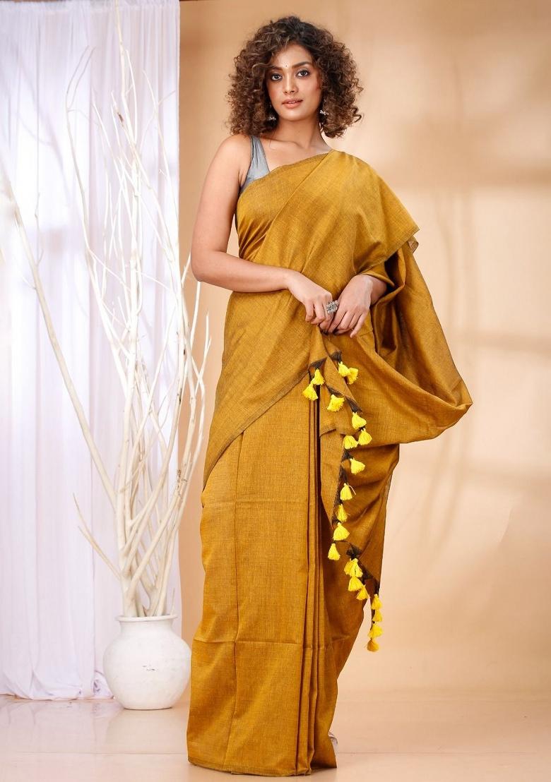 Dark Mustard Yellow Weaving Khadi Cotton Saree Set