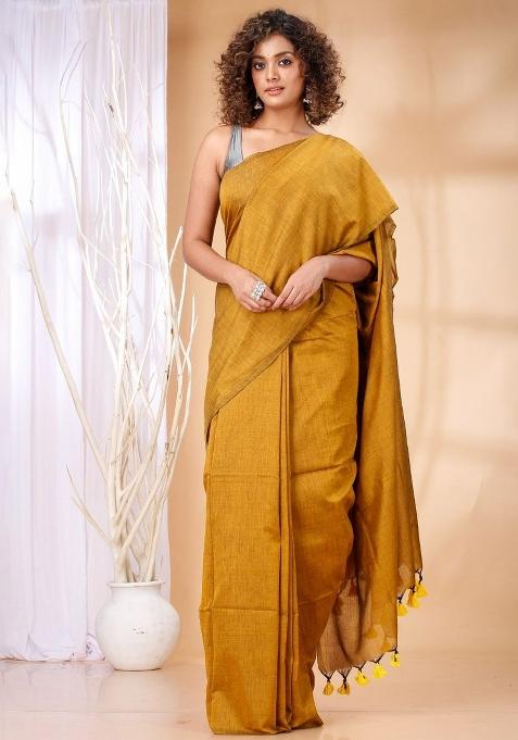 Dark Mustard Yellow Weaving Khadi Cotton Saree Set