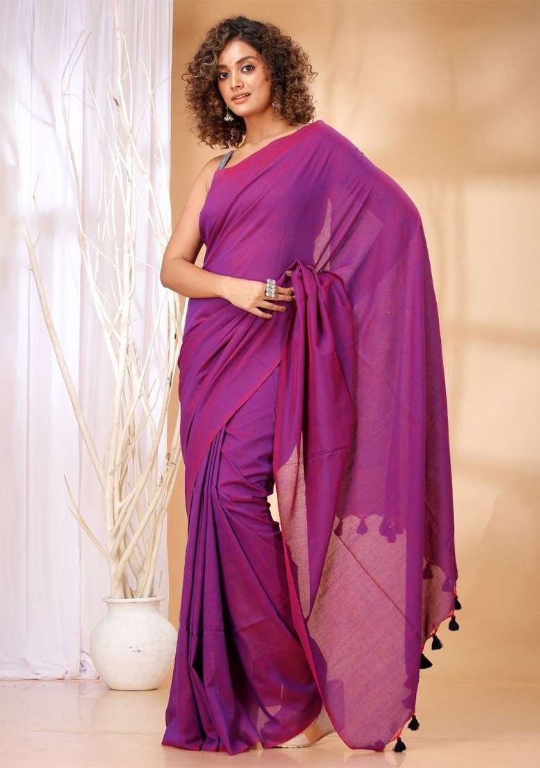 Dark Pink Weaving Khadi Cotton Saree Set for Diwali | Wedding & Festive Wear - Indya