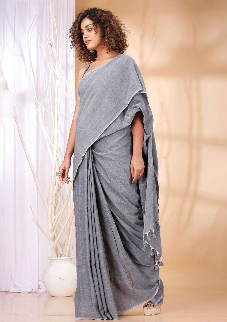 Grey Weaving Khadi Cotton Saree Set for Diwali | Wedding & Festive Wear - Indya