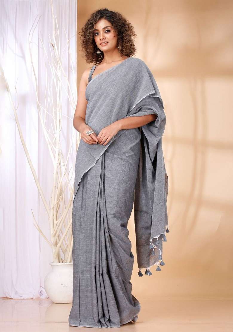 Grey Weaving Khadi Cotton Saree Set for Diwali | Wedding & Festive Wear - Indya