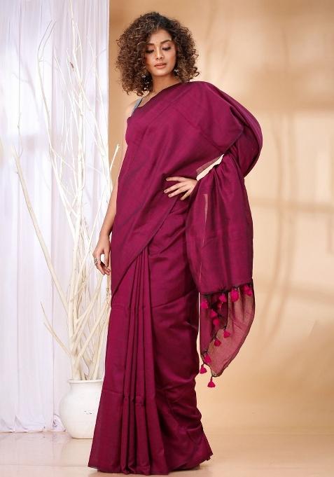 Magenta Weaving Khadi Cotton Saree Set