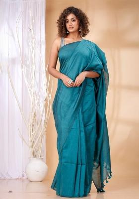 Rama Green Weaving Khadi Cotton Saree Set