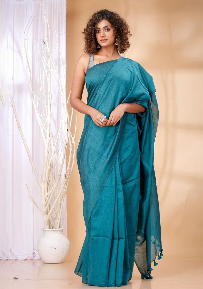 Rama Green Weaving Khadi Cotton Saree Set