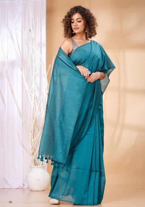 Rama Green Weaving Khadi Cotton Saree Set