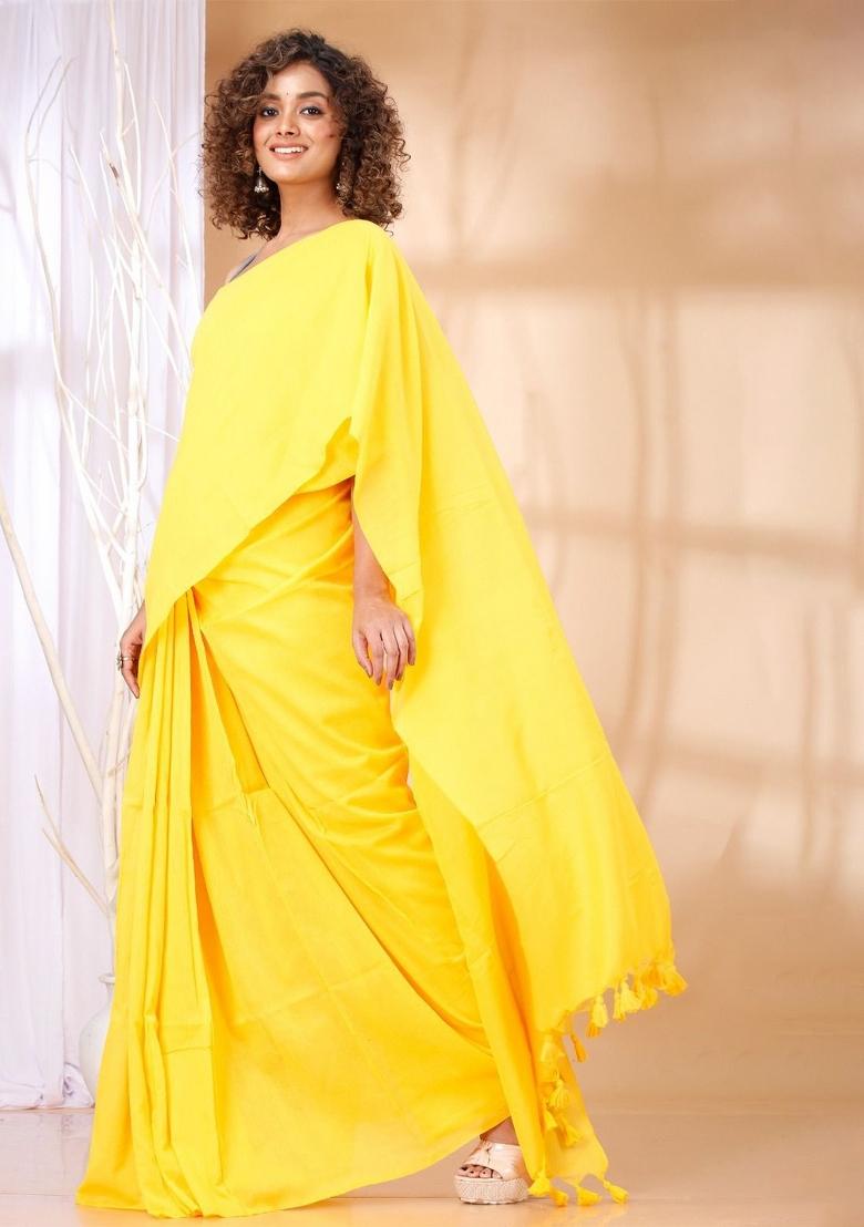 Yellow Weaving Khadi Cotton Saree Set