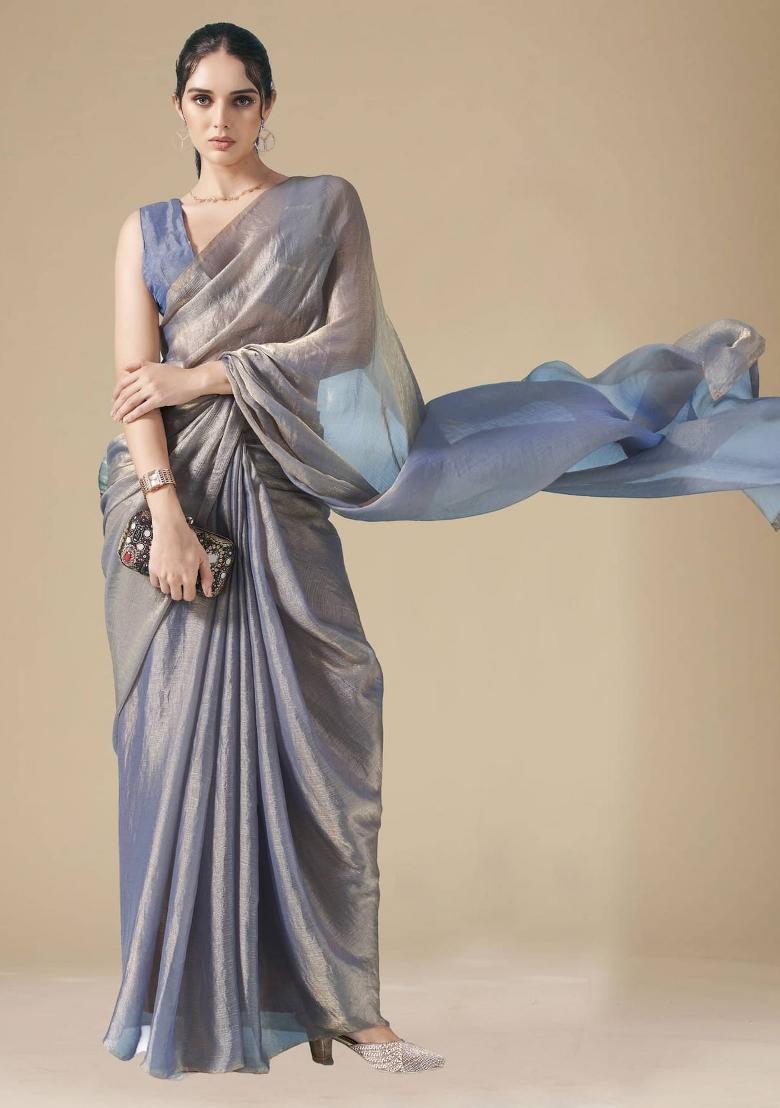 Blue Solid Fendy Chiffon Saree Set