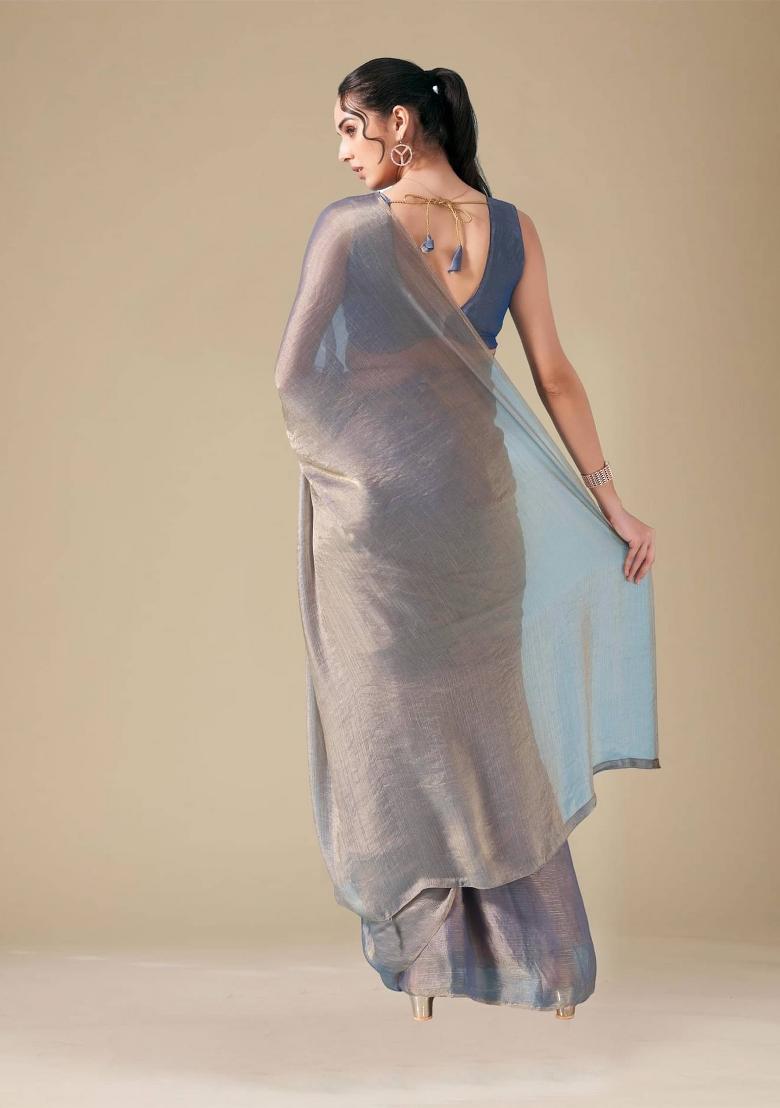 Blue Solid Fendy Chiffon Saree Set