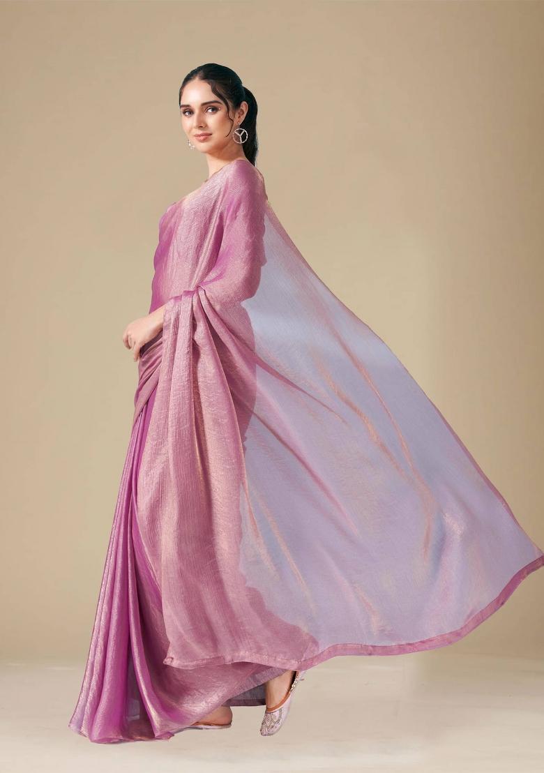 Lilac Solid Fendy Chiffon Saree Set