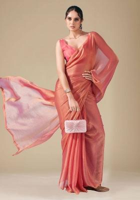Peach Solid Fendy Chiffon Saree Set
