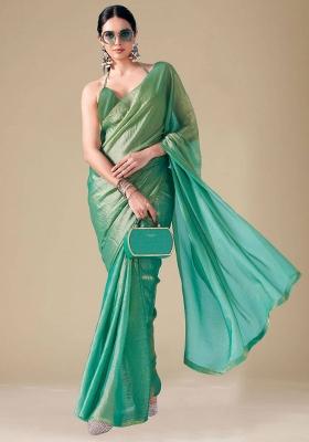 Rama Green Solid Fendy Chiffon Saree Set