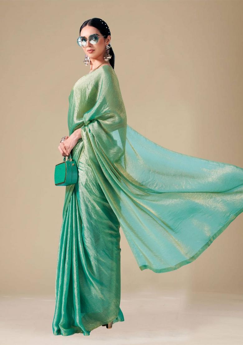 Rama Green Solid Fendy Chiffon Saree Set