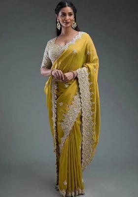 Mustard Yellow Embroidered Gold Crush Silk Saree Set
