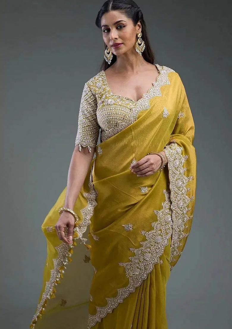 Mustard Yellow Embroidered Gold Crush Silk Saree Set