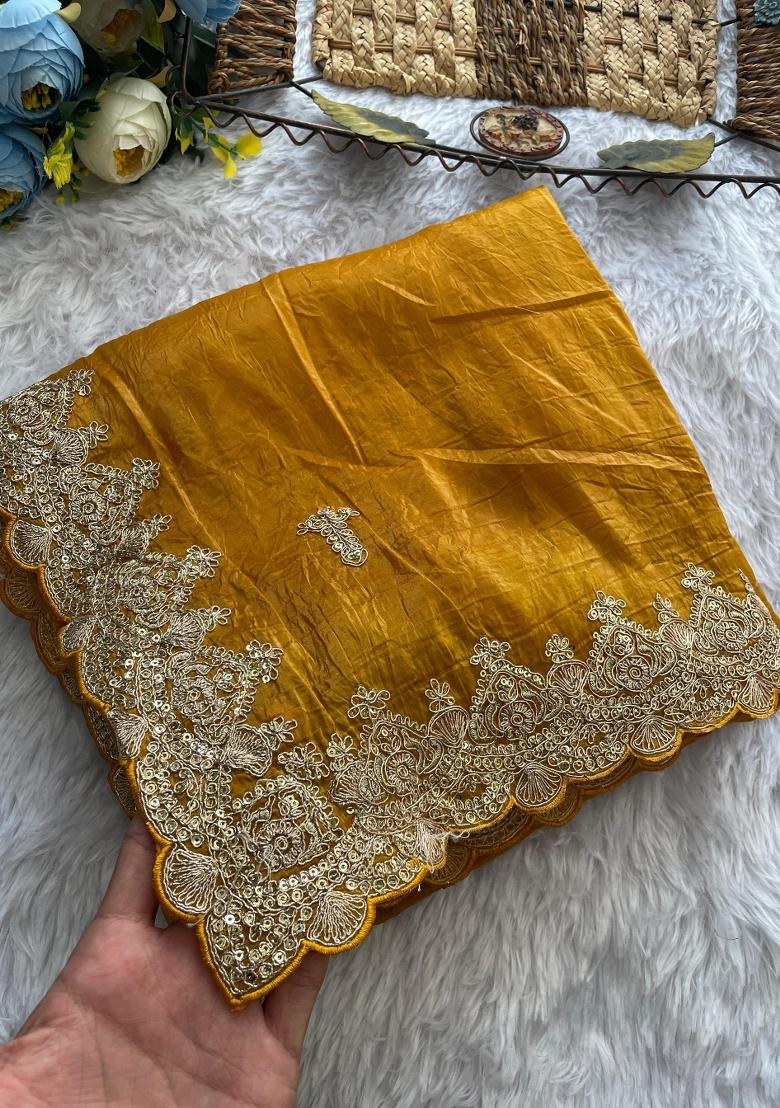 Mustard Yellow Embroidered Gold Crush Silk Saree Set