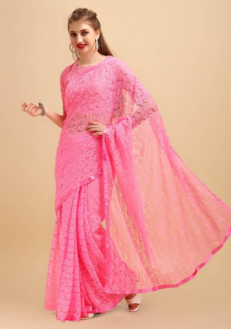 Baby Pink Weaving Net Saree Set