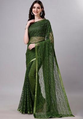 Bottle Green Weaving Net Saree Set