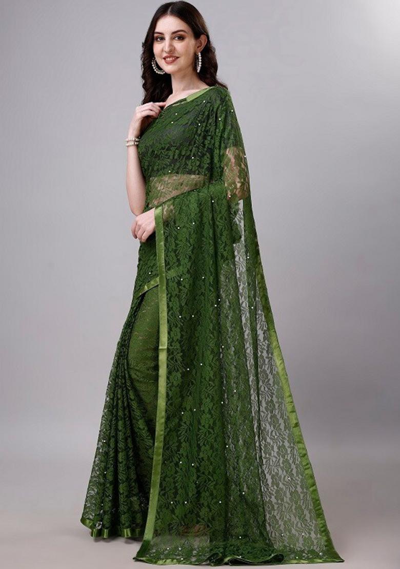 Bottle Green Weaving Net Saree Set