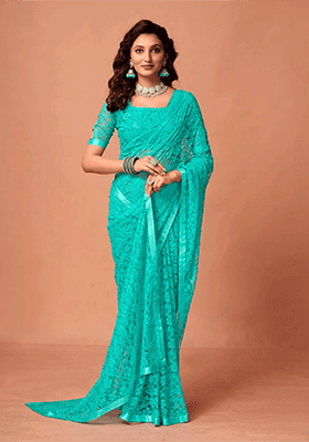 Light Rama Green Weaving Net Saree Set