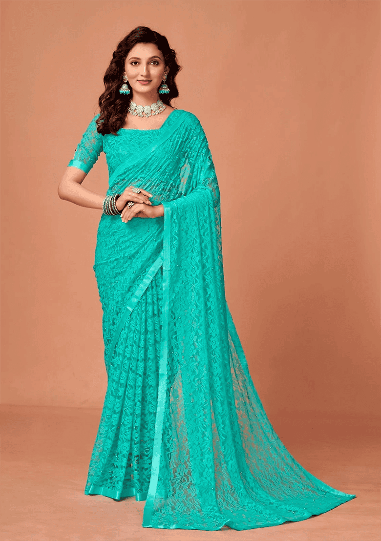 Light Rama Green Weaving Net Saree Set