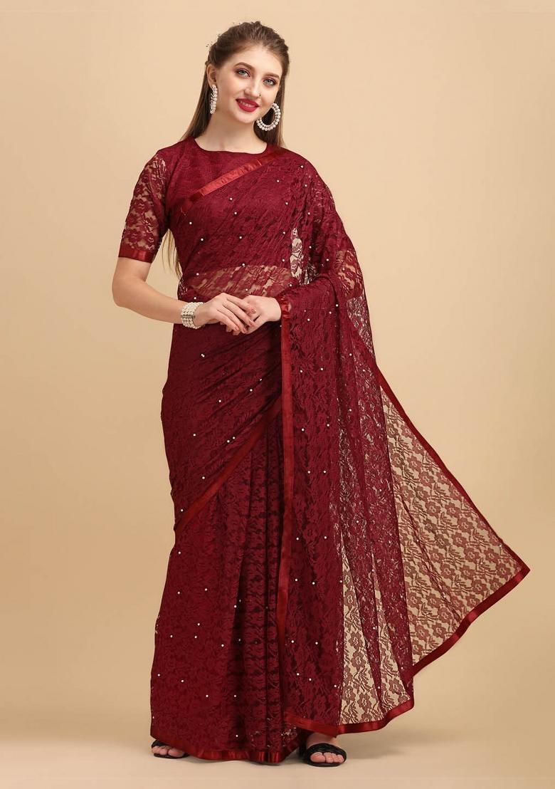 Maroon Weaving Net Saree Set