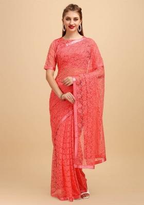 Peach Weaving Net Saree Set